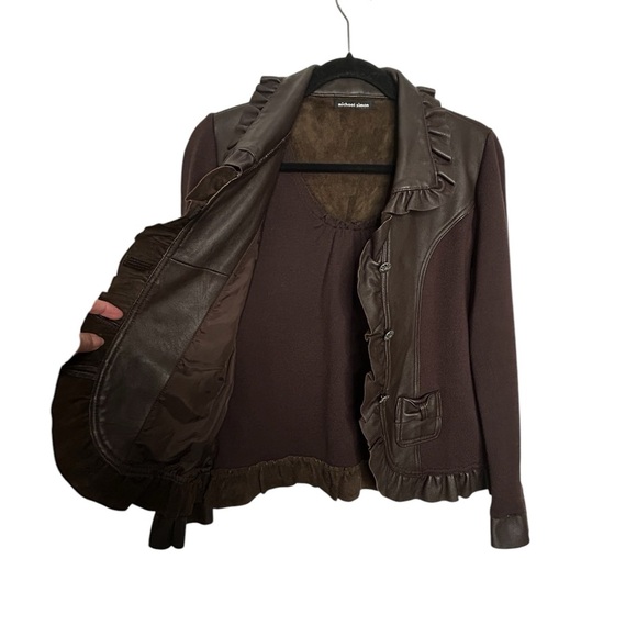Michael Simon chocolate Brown Lamb Leather/Sweater Long Sleeve Jacket Ruffle S - Picture 7 of 13